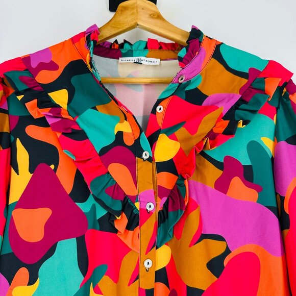 Michelle McDowell Ruffle Button-Up Waylon Dress Multicolor Abstract Print Size L - Picture 5 of 8